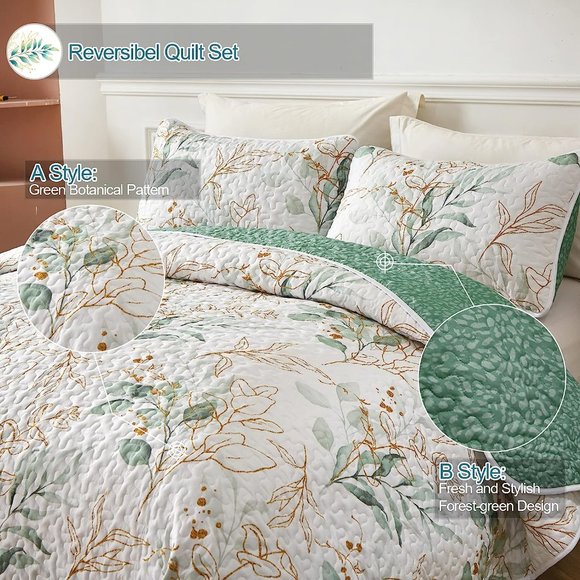 New Green & Gold Leaves 3-Piece Bedding Quilt Set • Reversible • KING - Picture 8 of 10